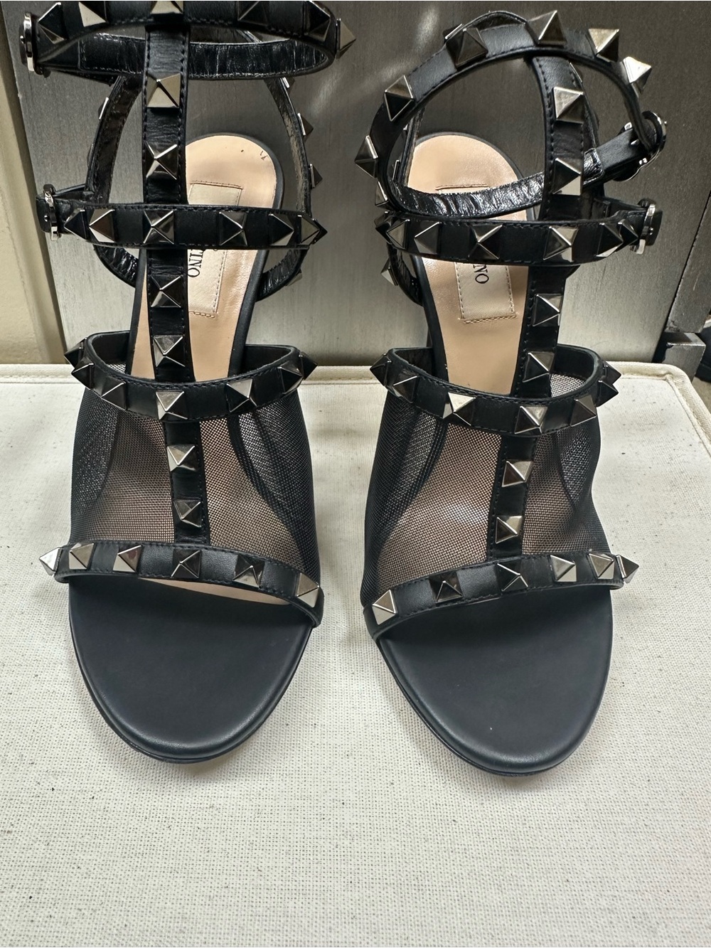 Valentino Black Studded Mesh T-Strap Heels